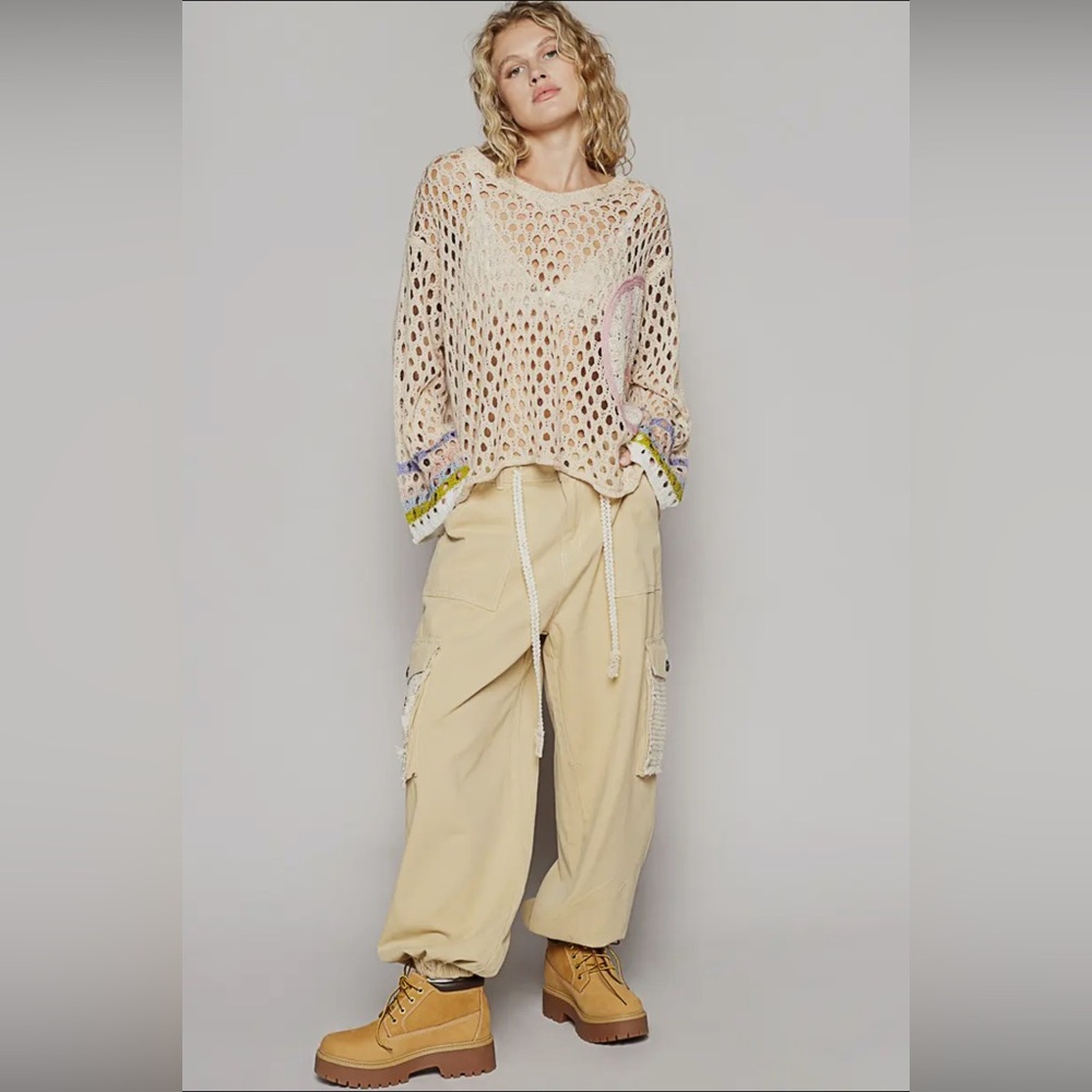 POL Open-Knit V-Neck Sweater in Beige with Pink and Blue Accents - Picture 8 of 11